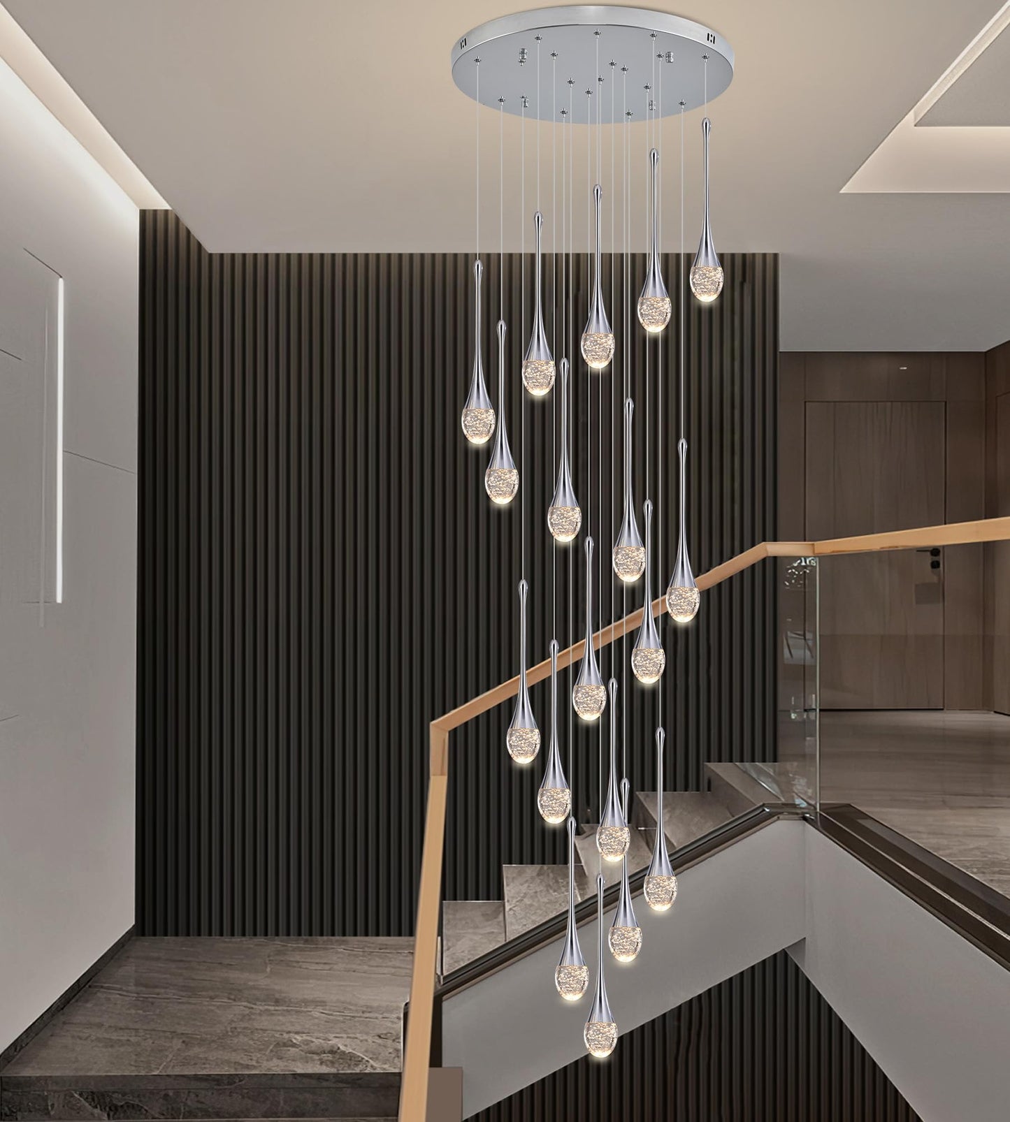 Upfelw Modern Crystal Staircase Chandelier Polished Chrome 18-Lights  H118 Large High Ceiling Spiral Dimmable Led Raindrop Foyer Entryway Light Fixture Remote Control