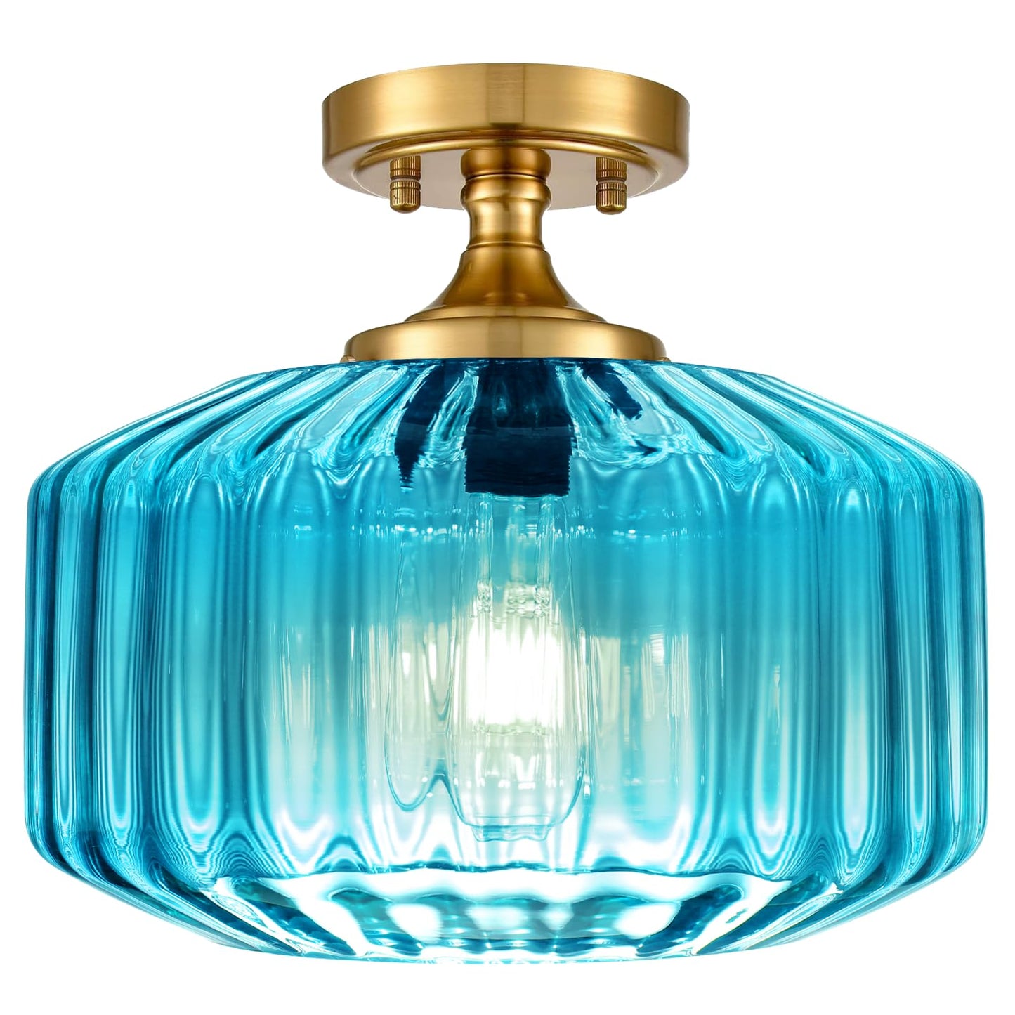 Qepeety Blue Glass Flush Mount Ceiling Light  11.02 Vintage Gold Chandelier Hallway Lights Fixture  Modern Close To Ceiling Lighting For Bathroom Bedroom  Compatible With E26 Bulb (Bulb Not Included)