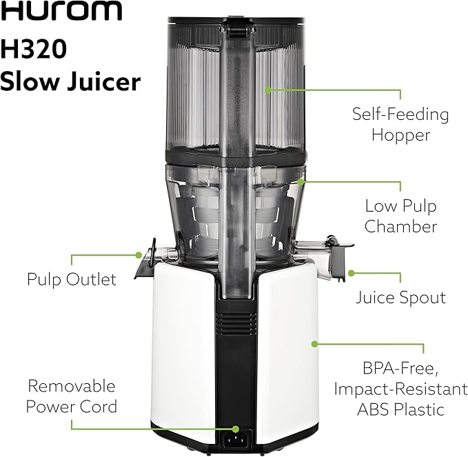 Hurom H320N Cold Press Juicer Machine, Easy to Clean Masticating Slow Juicer, Coarse Strainers, Self-Feeding, Hands Free, Family Size, Quiet Motor, Easy Assembly (White)