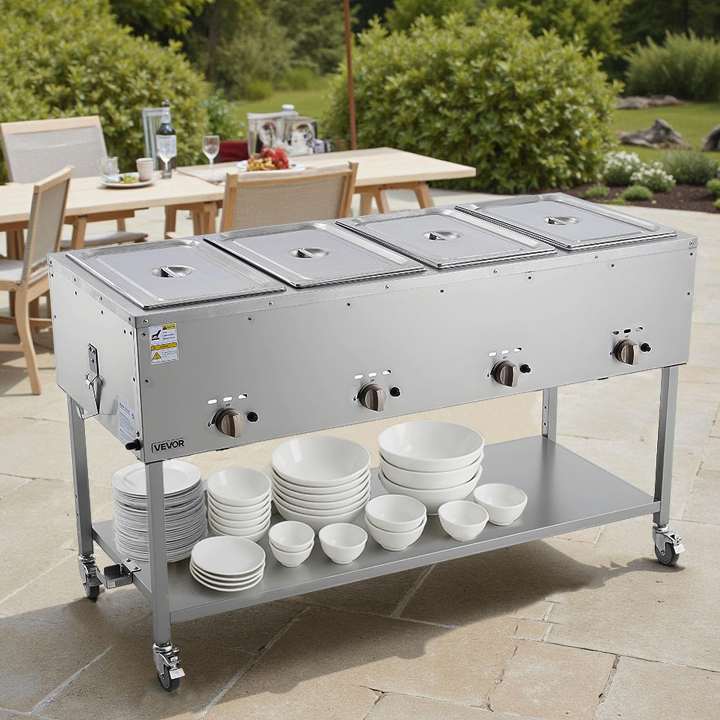 VEVOR 4-Pan Commercial Propane Steam Table, LP Gas Outdoor Soup Warmer with Drain Valve and 3" Wheels, Stainless Steel Propane Food Warmer with Independent Temp Control, for Restaurant Outdoor Camping