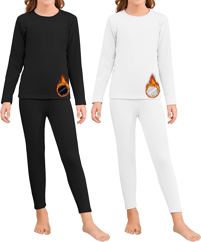 2 Set Girls Thermal Underwear Sets Kids Double-Sided Fleece Lined Long Johns Base Layer Top and Bottom for Cold Weather