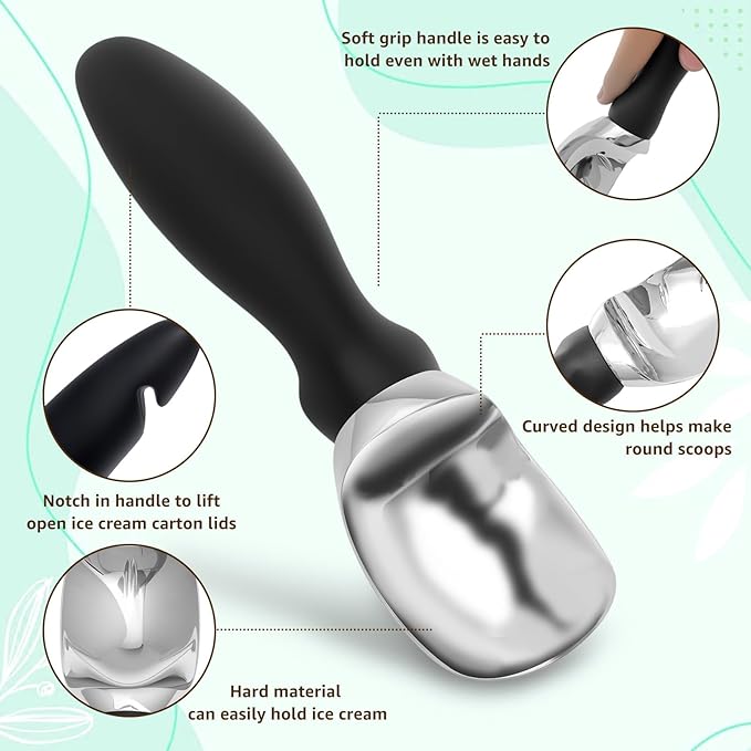 2Pcs Ice Cream Scoop with Ergonomic Soft Grip Handle Professional Ice Cream Scooper Multifunctional Cookie Scoop for Cookie Dough Gelato Sorbet Black