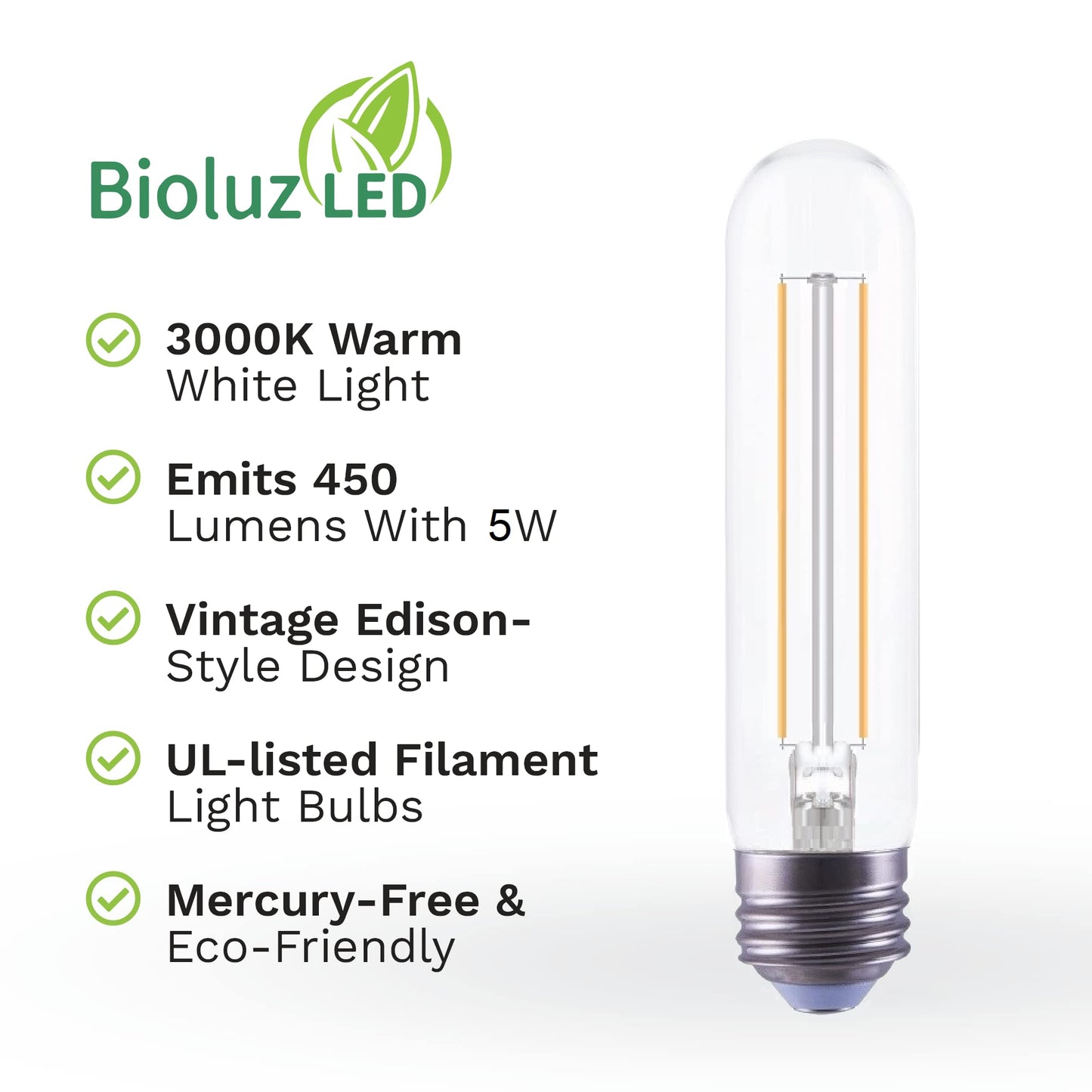 Bioluz Led T10 Filament Bulb 40W (5W) Soft White 3000K E26 Base 6-Pack Ul-Listed
