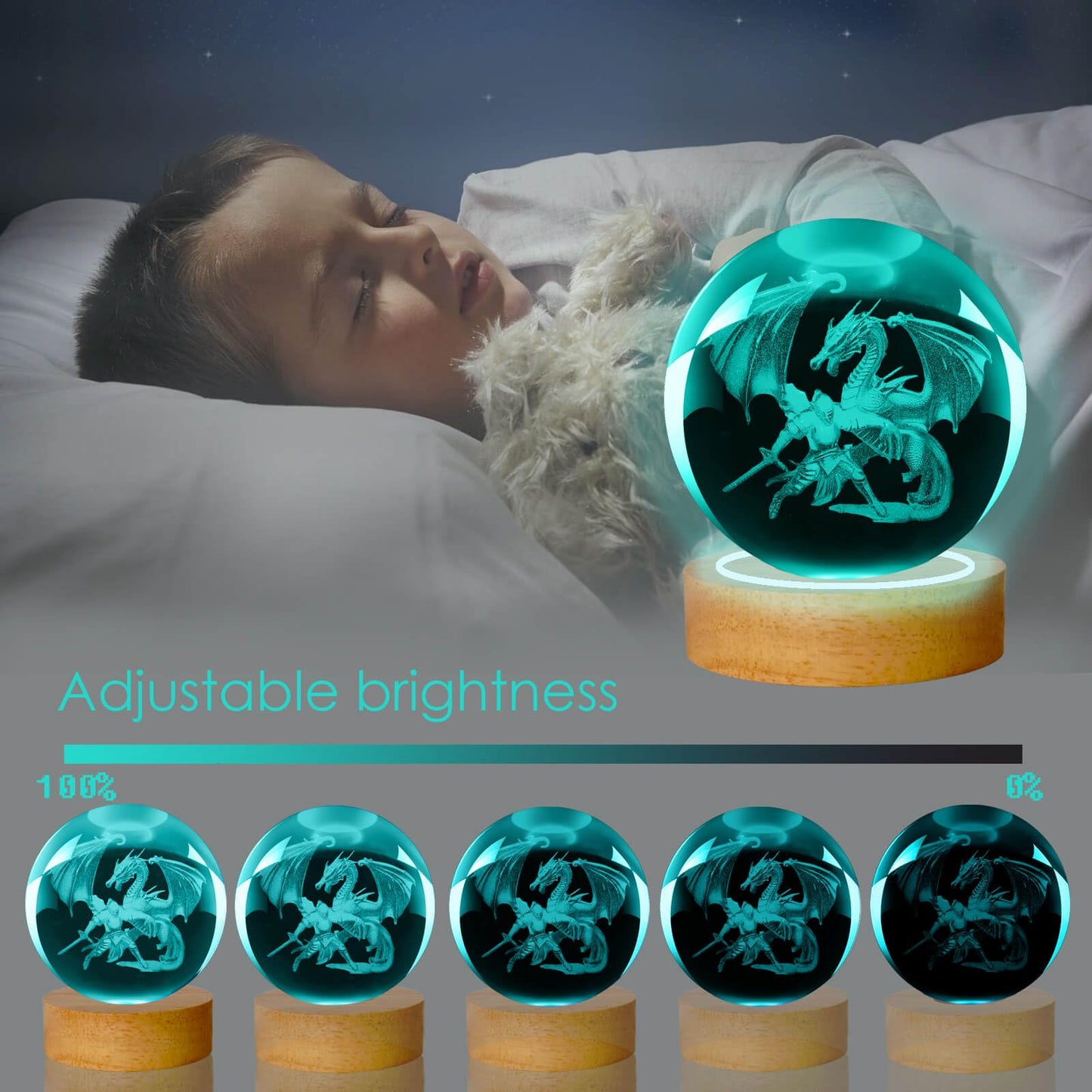 LINSINA Dragon Lamp - 16 Colors Crystal Ball Night Light with Wooden Base, Remote Control, Model: lamp-01, Color: Dragon and Knight