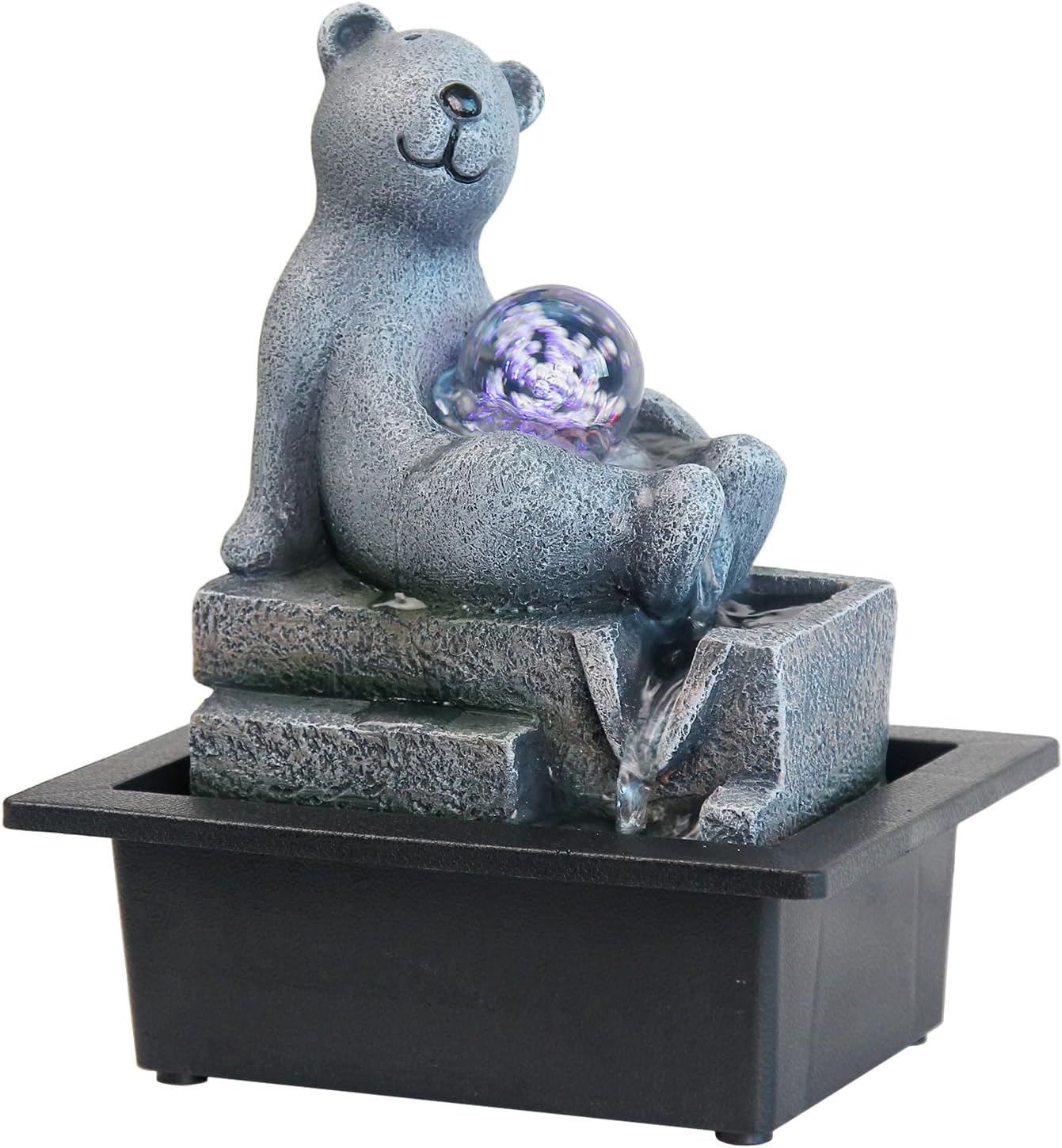 Cascading Rock Tabletop Fountain, Cute Bear Indoor Waterfall Fountain with Colored LED Lights and Rolling Ball, 3 Tiered Desktop Fountain for Office Home Bedroom