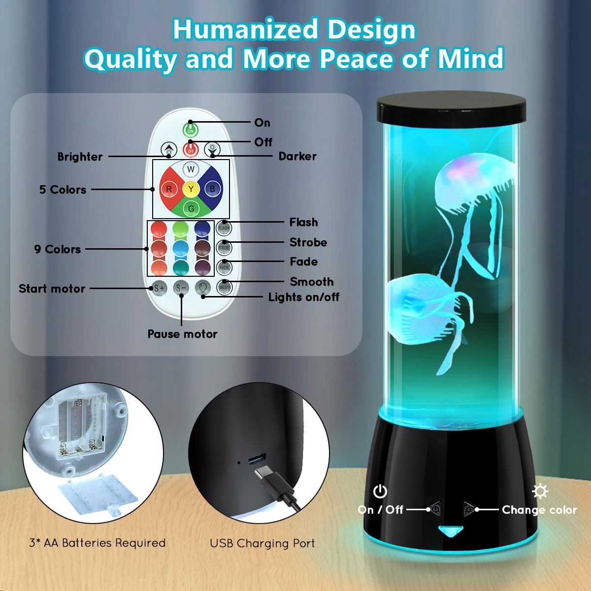 LEDHOLYT LED Jellyfish Lamp - Remote Dimmable, Color Changing Mood Light, Model JF6607, Black