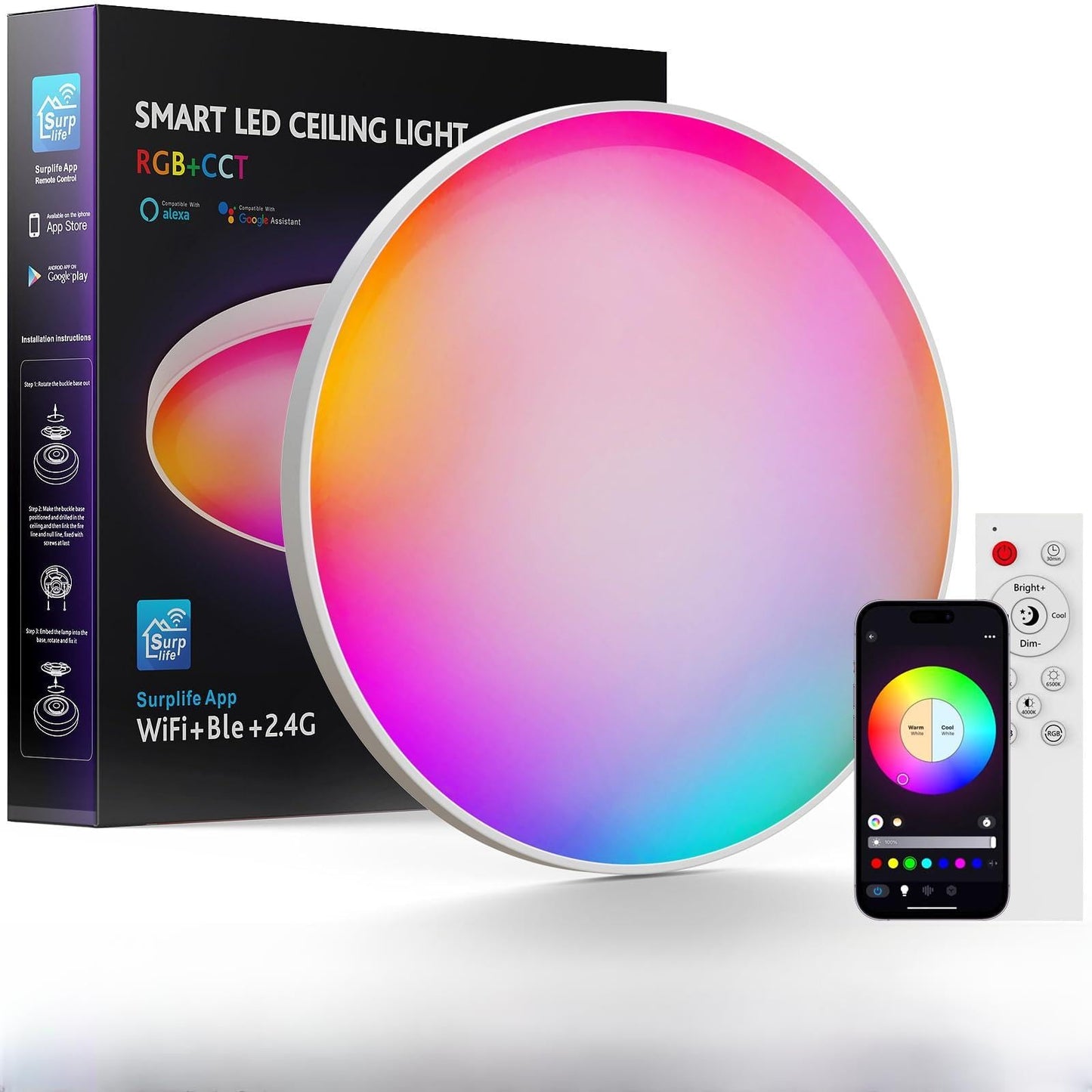PKBD Smart Ceiling Light, 12 Inch RGB LED, Remote Control, 3000K-6500K, Ultra-Thin, White, Model ZJ-BWCLAH-RGBWW-R