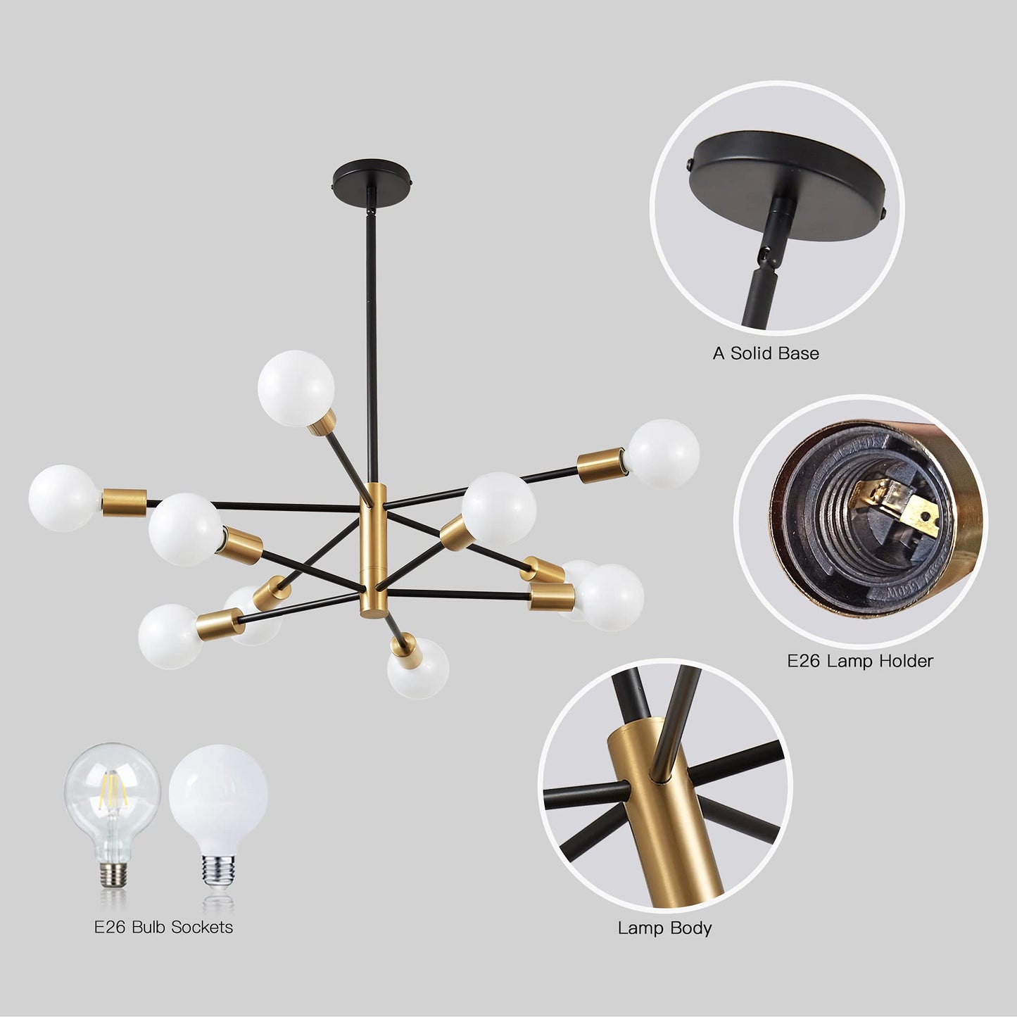 Kaisite Modern 10-Light Sputnik Chandelier - Black & Gold Metal Pendant Lighting For Kitchen, Dining Room, Living Room, Bedroom, Model 8006-10C