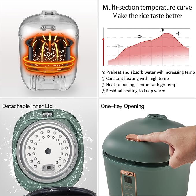 CHACEEF Mini Rice Cooker 2 Cups Uncooked, 1.2L Rice Cooker Small, Portable Non-Stick Small Travel Rice Maker, BPA Free, Smart Control Multifunction Cooker with 24 Hours Timer Delay & Keep Warm Function, Green