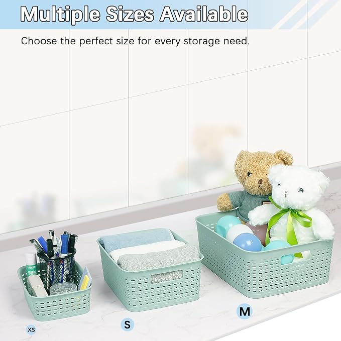 Soddeph Plastic Storage Baskets for Cabinets, Household Pantry Organization with Handle,Organizer Bins for Room,Bathrooms,Under-Sink,Kitchen (Green, S-3PACK)