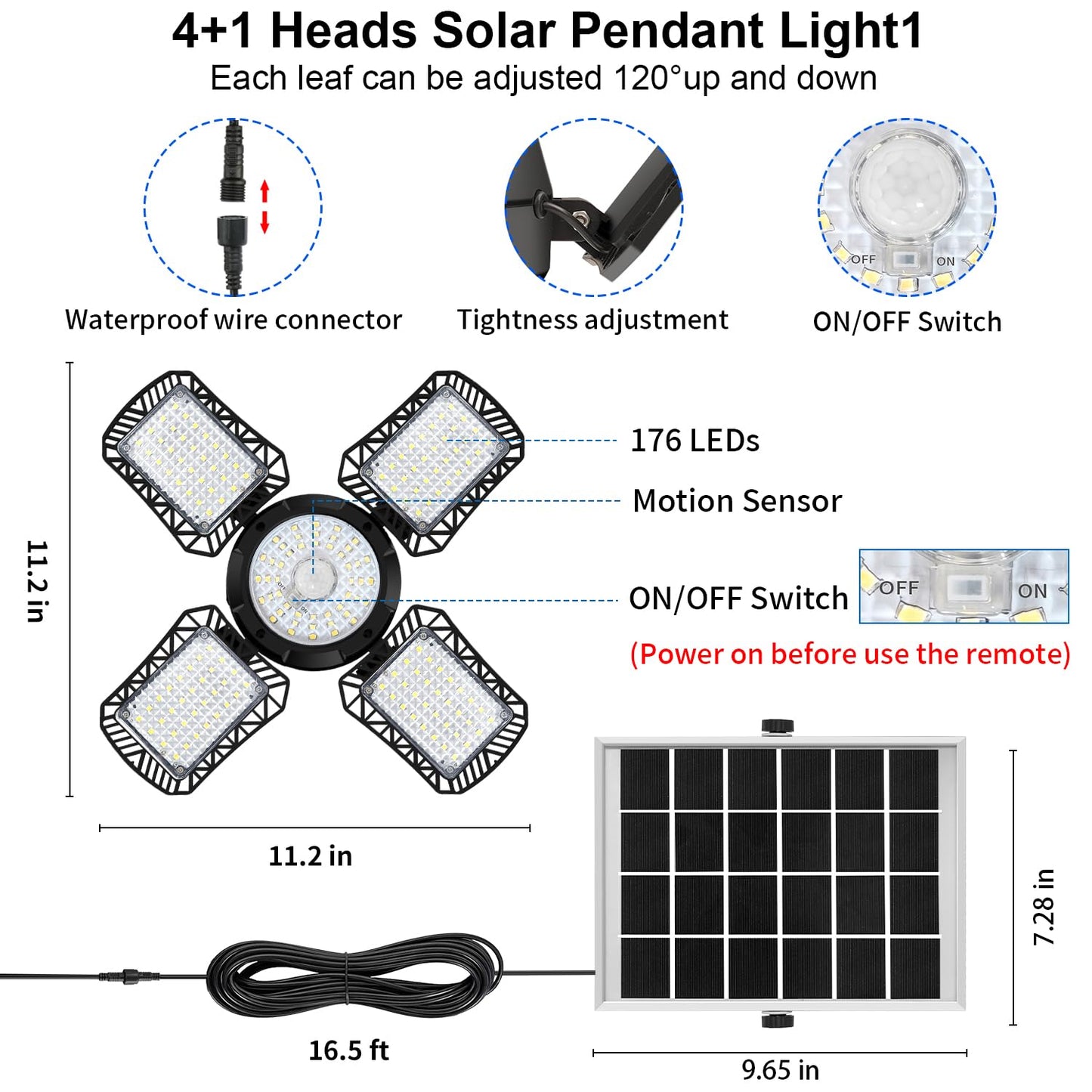 Aqonsie Solar Shed Light Indoor Outdoor, 176LED Solar Powered Pendant Light Daytime Available, Dual Lamps Motion Sensor Indoor Light with 5 Lighting Modes & Remote for Shed, Gazebo, Barn, Garage, Shop
