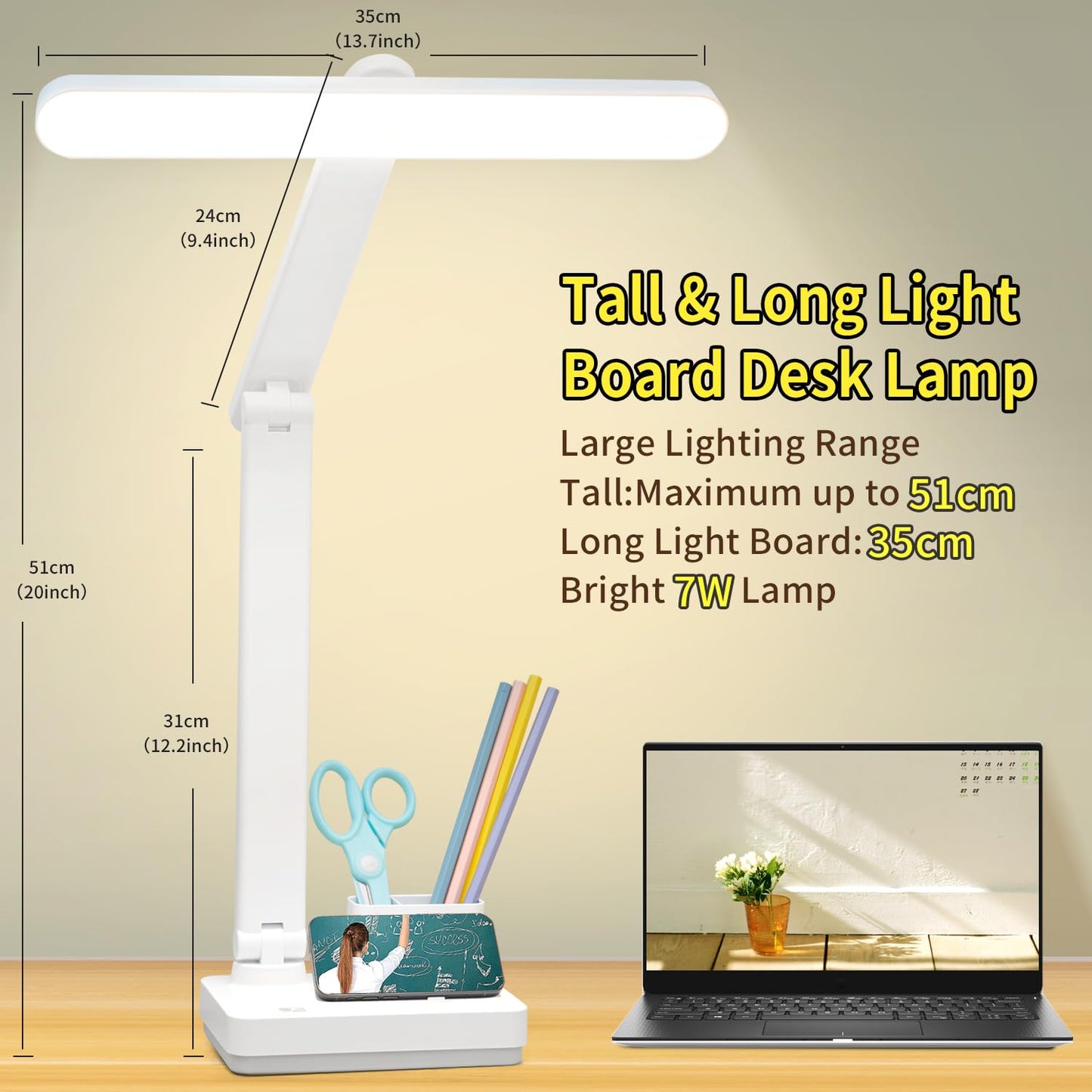 Maythank Cordless Desk Lamp - 50 Led, 20 Inch, Dimmable, Rechargeable 4000Mah, Touch Control, White, Large Size For Bedroom Or Office