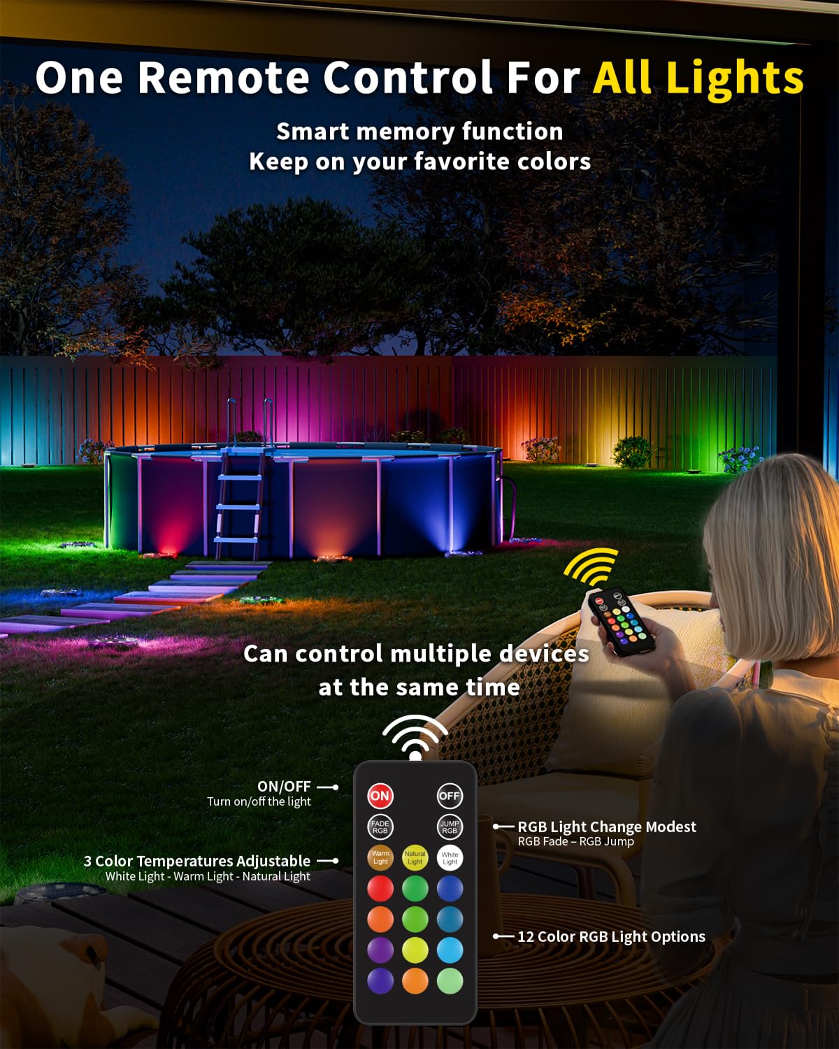 Hicotet Solar Ground Lights, 15 Multi Color, 50ft Remote Control, IP67 Waterproof, 18 Pack, Black, Model LNM-CPD-01