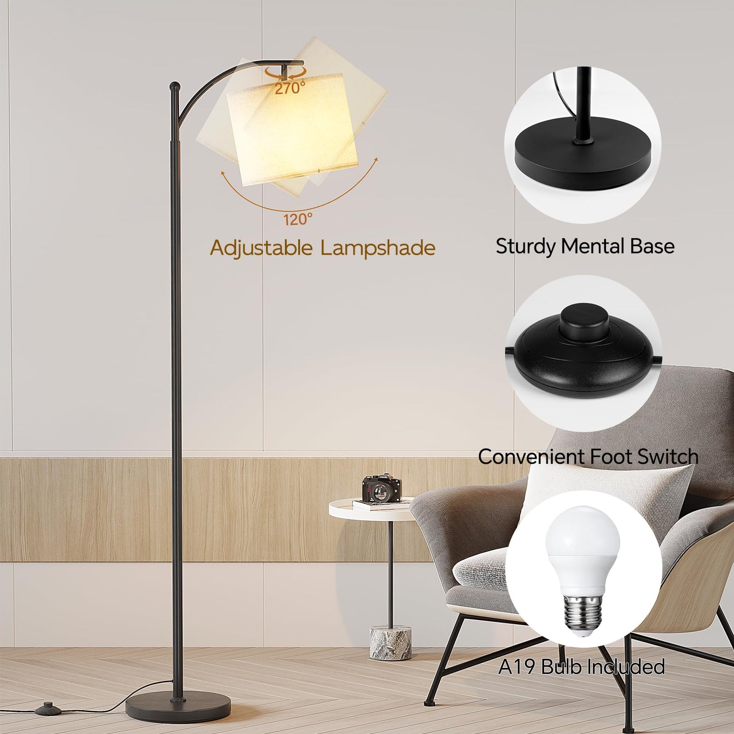 SUNMORY Arc Floor Lamp, Modern Metal Lamp with 9W 3 Color Temperatures Bulb, Adjustable Shade, Black, Model MF18166A