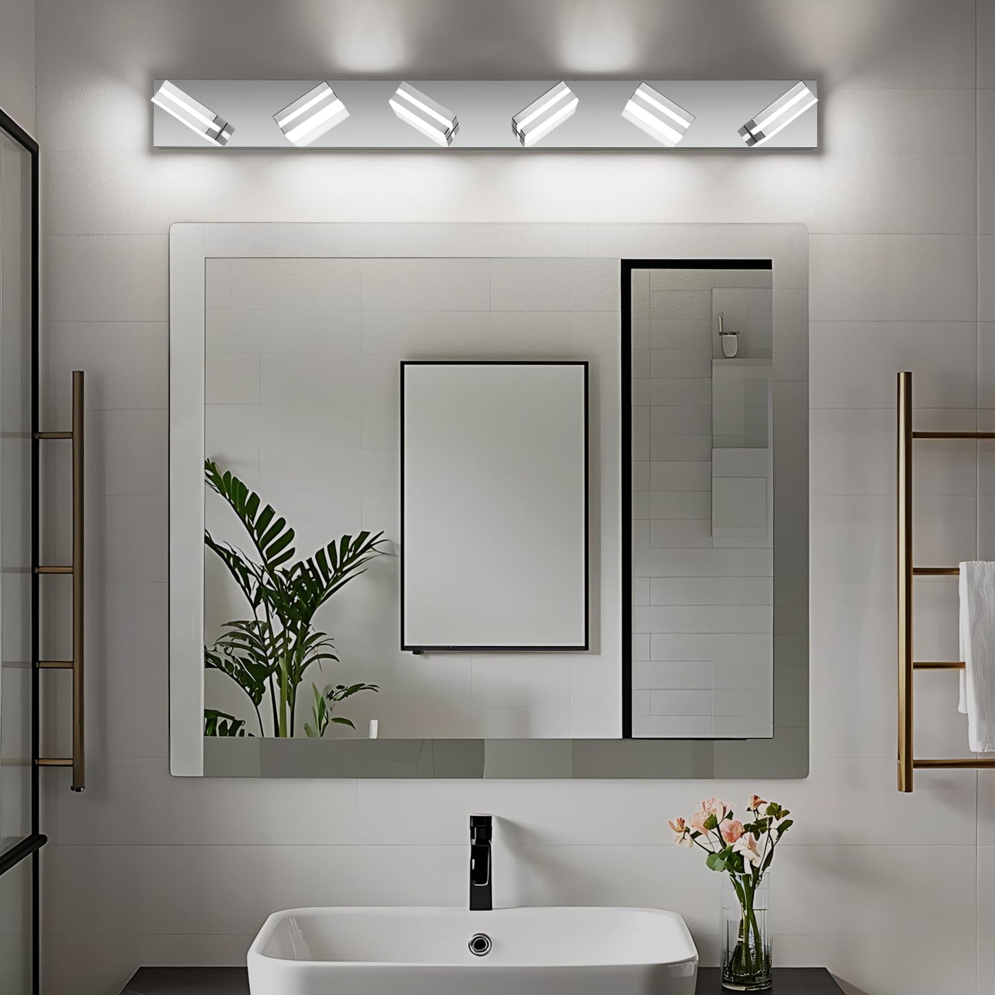 Jzekvn Modern Led Bathroom Lights Fixtures(6-Light) Stainless Steel Chrome Acrylic Wall Lighting Vanity Lights For Bathroom Over Mirror(6000K 41In