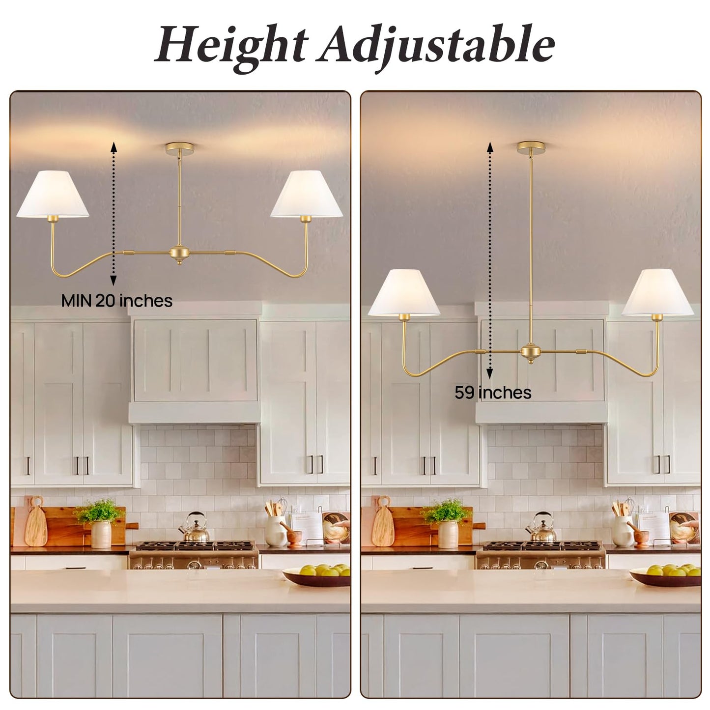 Jsdorsy 2-Light Gold Modern Linear Chandelier  55 Inch Farmhouse Kitchen Island Lighting With White Fabric Shades  Dining Room Light Fixtures For Living Room Bedroom  Height Adjustable