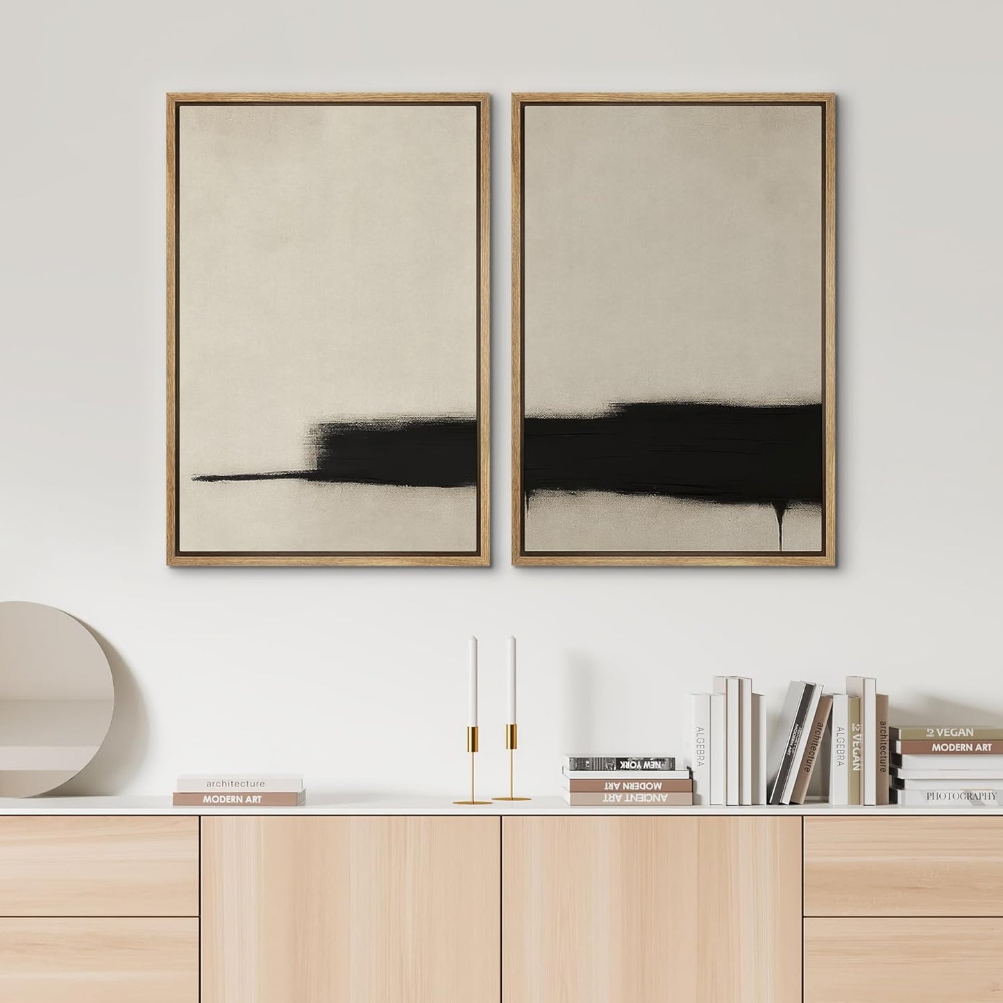 SIGNWIN Framed Wall Art Print Set Minimalist Black Brushstroke Abstract Neutral Beige and Black Illustrations Modern Art Rustic Relax/Calm for Living Room, Bedroom, Office - 16"x24"x2 NATURAL