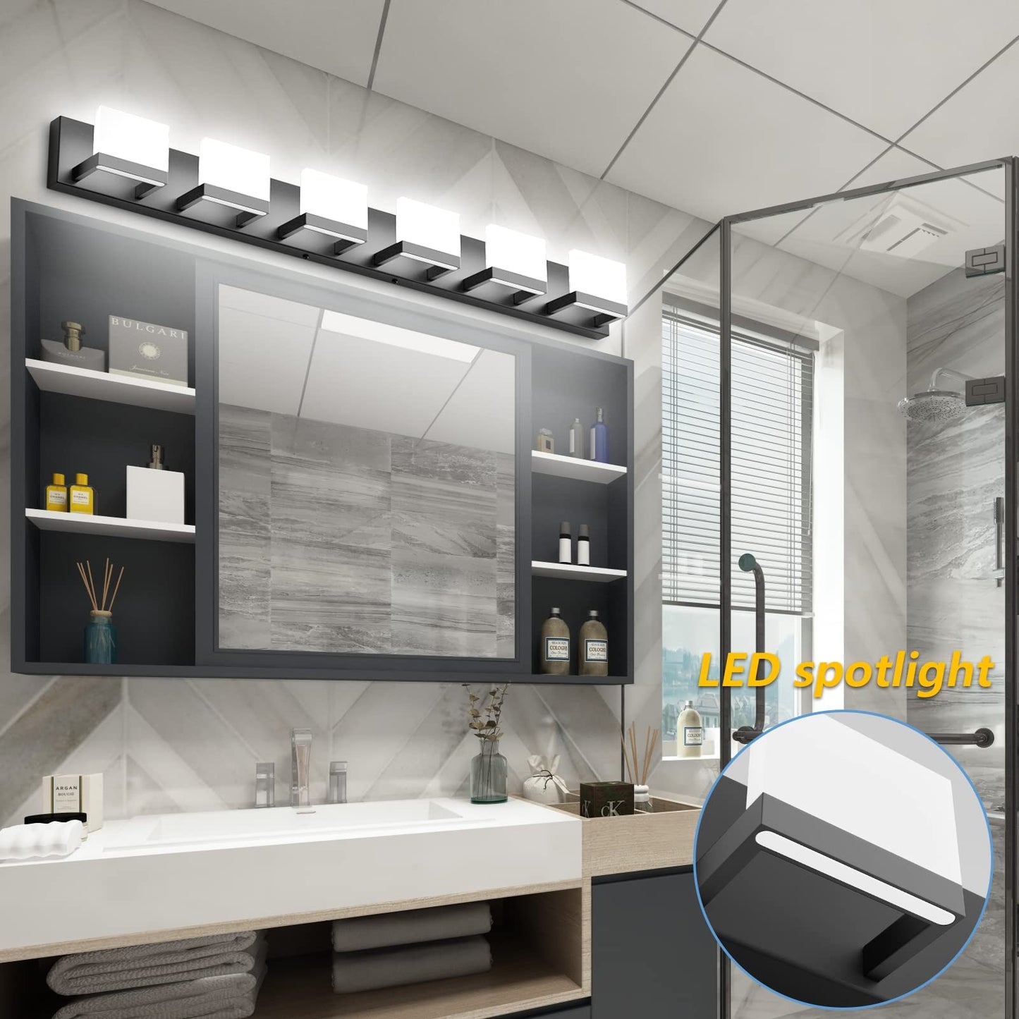 Tipace LED Vanity Light, 6 Lights Dimmable, Matte Black, Modern Wall Fixture for Bathroom, Model 1103