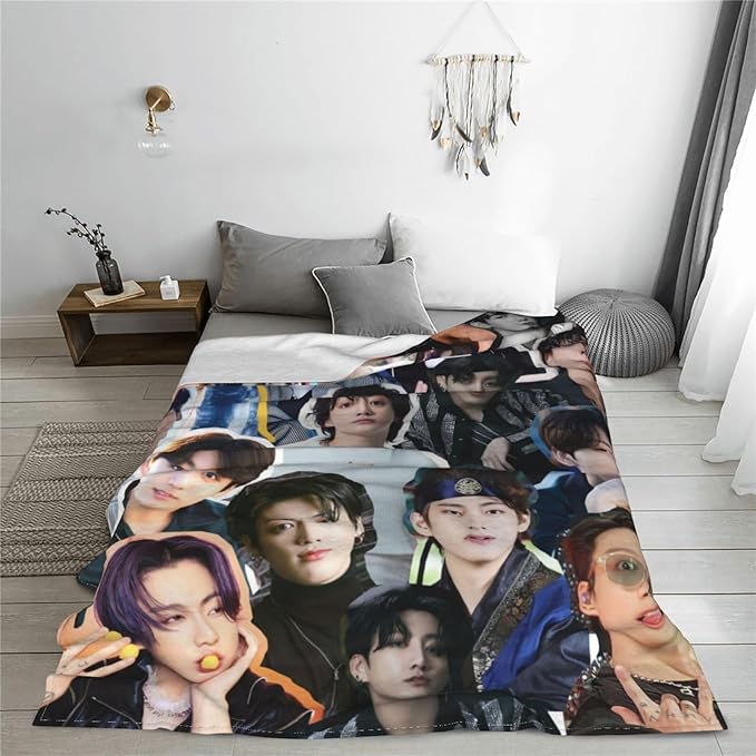 Jungkook Blanket Jeon Jung Kook Soft and Comfortable Warm Fleece Throw Full Picture of Idol Group Blankets 50"X40" Beach Blankets Gift for Dorm Room Decor Sofa Bed Camping Travel