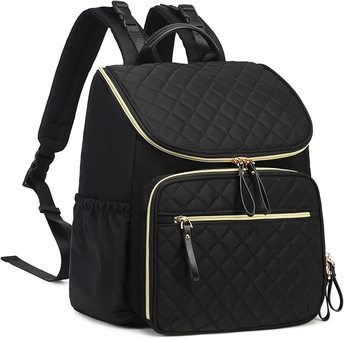 Large Capacity Diaper Bag Backpack with Stroller Buckle, Water-Resistant Travel Baby Bag with Insulated Pockets (Classic, Black-gold)