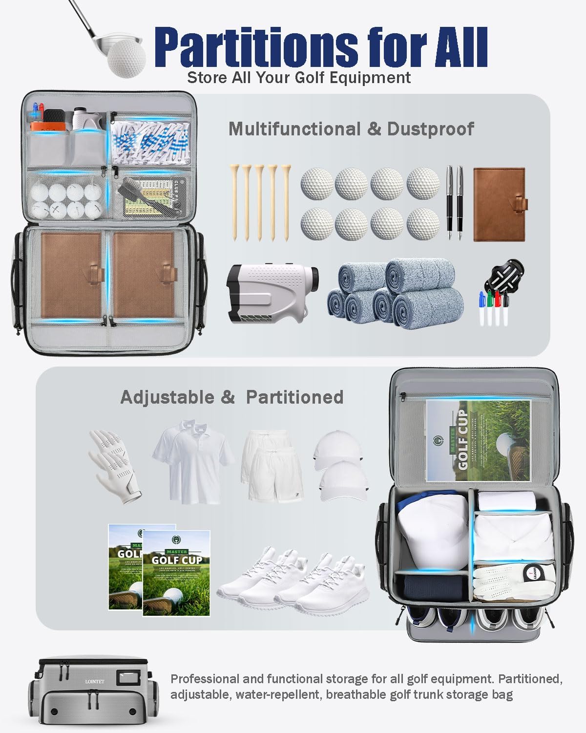 Golf Trunk Organizer, Waterproof Car Golf Locker with Separate Ventilated Compartment for 2 Pair Shoes, Golf Storage for Balls, Tees, Cap, Clothes, Gloves, Accessories, Gifts for Men, Women