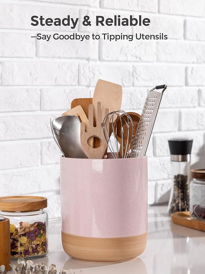 AmorArc Ceramic Utensil Holder, 7.25"+5.4" Cooking Utensil Crock for Countertop, Kitchen Countertop Organizer with Rustic Terracotta Underside for Spatula, Set of 2