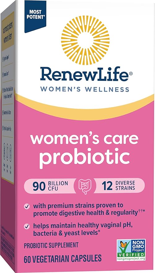 Renew Life Women's Probiotic Capsules, Supports pH Balance for Women, Vaginal, Urinary, Digestive and Immune Health, L. Rhamnosus GG, Dairy, Soy and Gluten-Free, 90 Billion CFU - 60 Ct