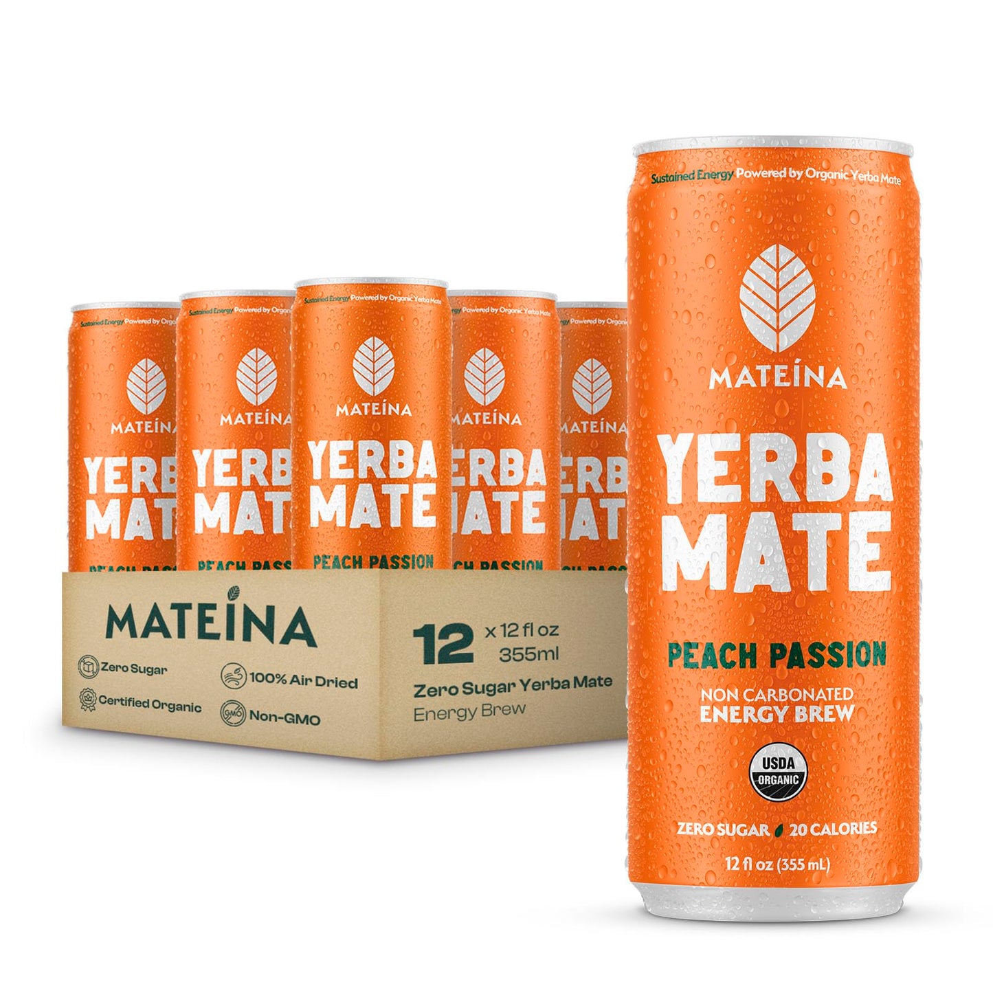 Mateina Yerba Mate Zero Sugar Energy Drink - 120mg Natural Caffeine - Organic  Non-GMO  Non-Carbonated - Dr. Andrew Huberman Recommended - 12 Pack (12oz Cans) (12 Pack  Peach Passion)