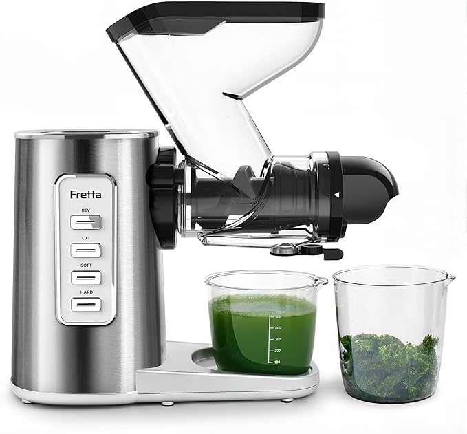 Fretta Masticating Slow Juicers,3-inch Wide Feeding Chute Cold Press Juicer,Celery Juicer, Juicer Machines Vegetable and Fruit,Juice Recipes Included,2 Speed,BPA-Free,Easy Clean,200W (Stainless Steel)