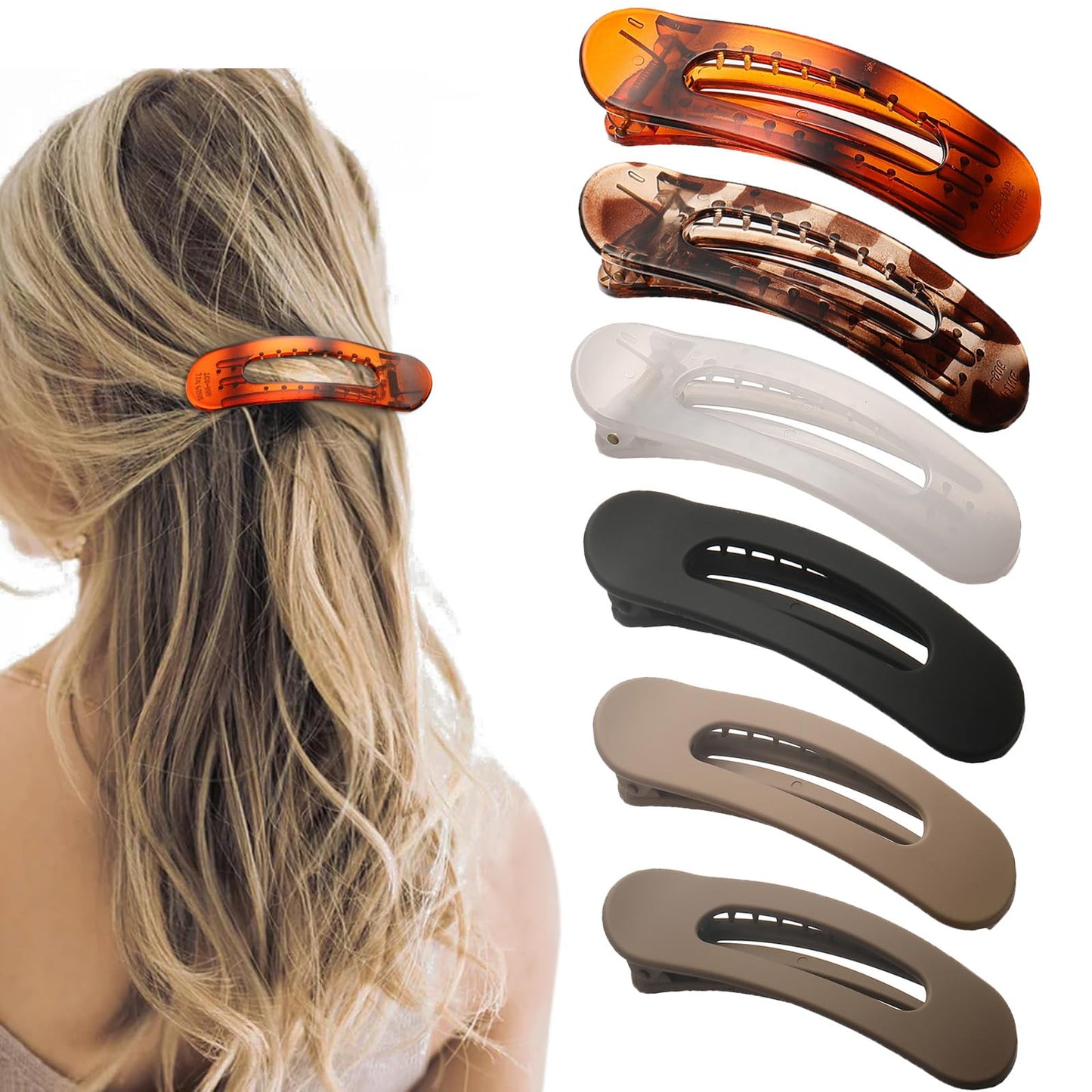 6 PCS Flat Claw Clips, Large Lay Flat Hair Clips for Women Girls, Strong Hold Non-slip Hair Claws for Thick Thin Hair (Tortoise