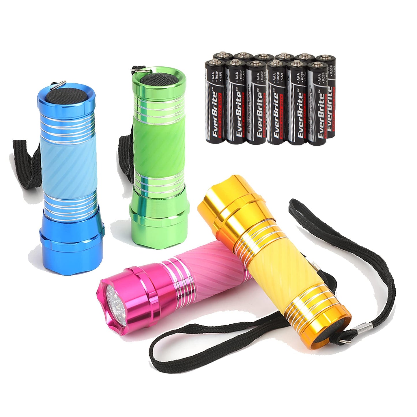 EverBrite Mini LED Flashlight 4-Pack, Aluminum, Glow in Dark, Assorted Colors (Green, Red, Blue, Pink), Model E000015