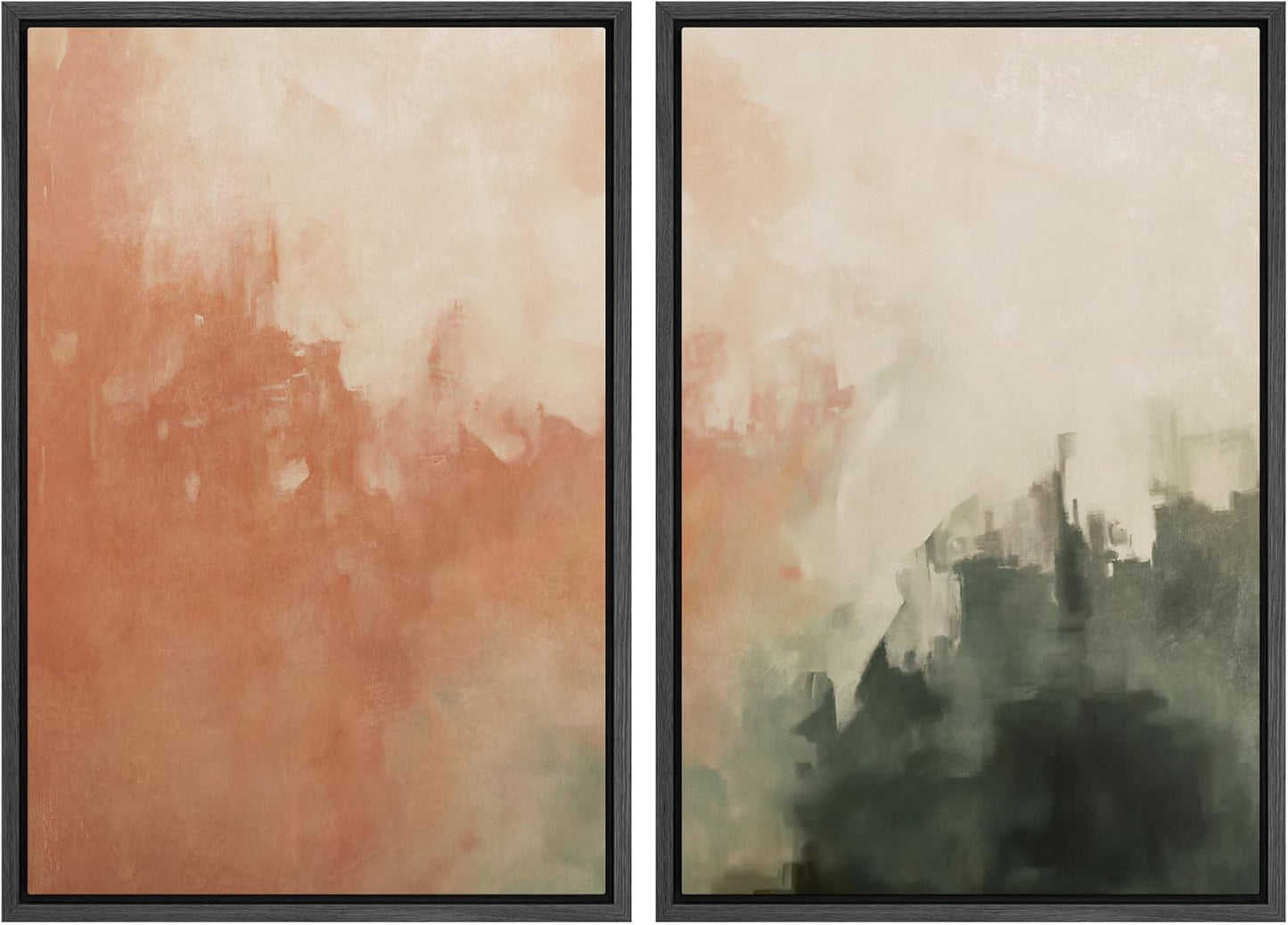 SIGNWIN Framed Canvas Print Wall Art Set Color Fade Abstract Landscape Earthy Terracotta and Forest Green Illustrations Modern Minimal Decorative for Living Room, Bedroom, Office - 24"x36"x2 Black