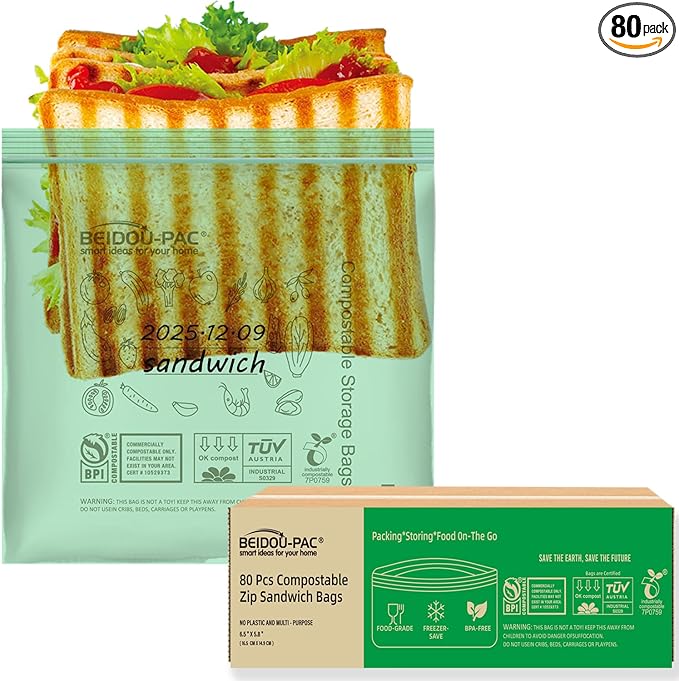 Compostable Sandwich Food Storage Freezer Bags, 80 Count | 2 Mil | 6.5 IN x 5.8 IN, Freshness Easy Open Reclosable Compost zip Bags