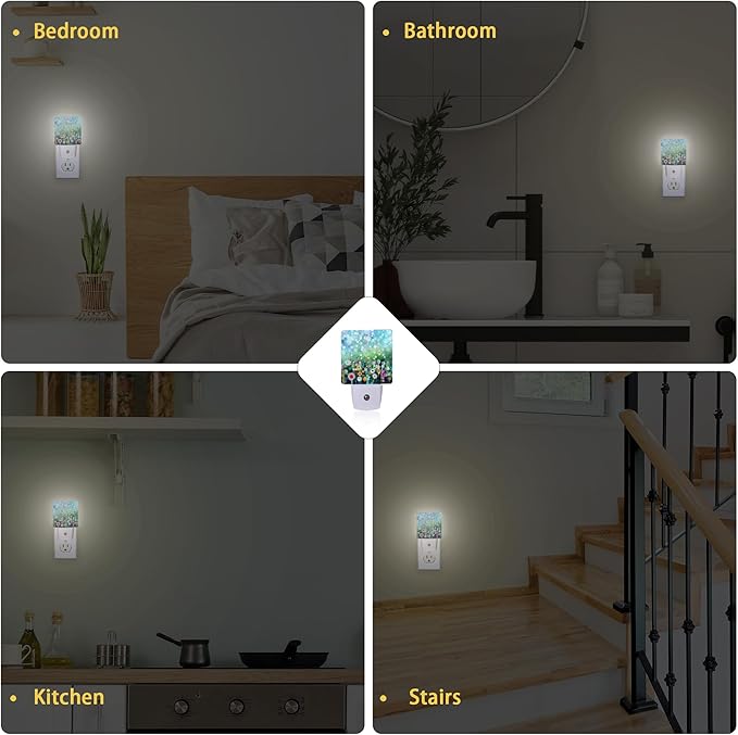 Abstract Watercolor Flower Night Light with Dusk to Dawn Light Sensors, Plug-in Wall Led Night Lights, Energy Efficient Lamp for Bedroom/Bathroom/Kitchen/Hallway/Stairs