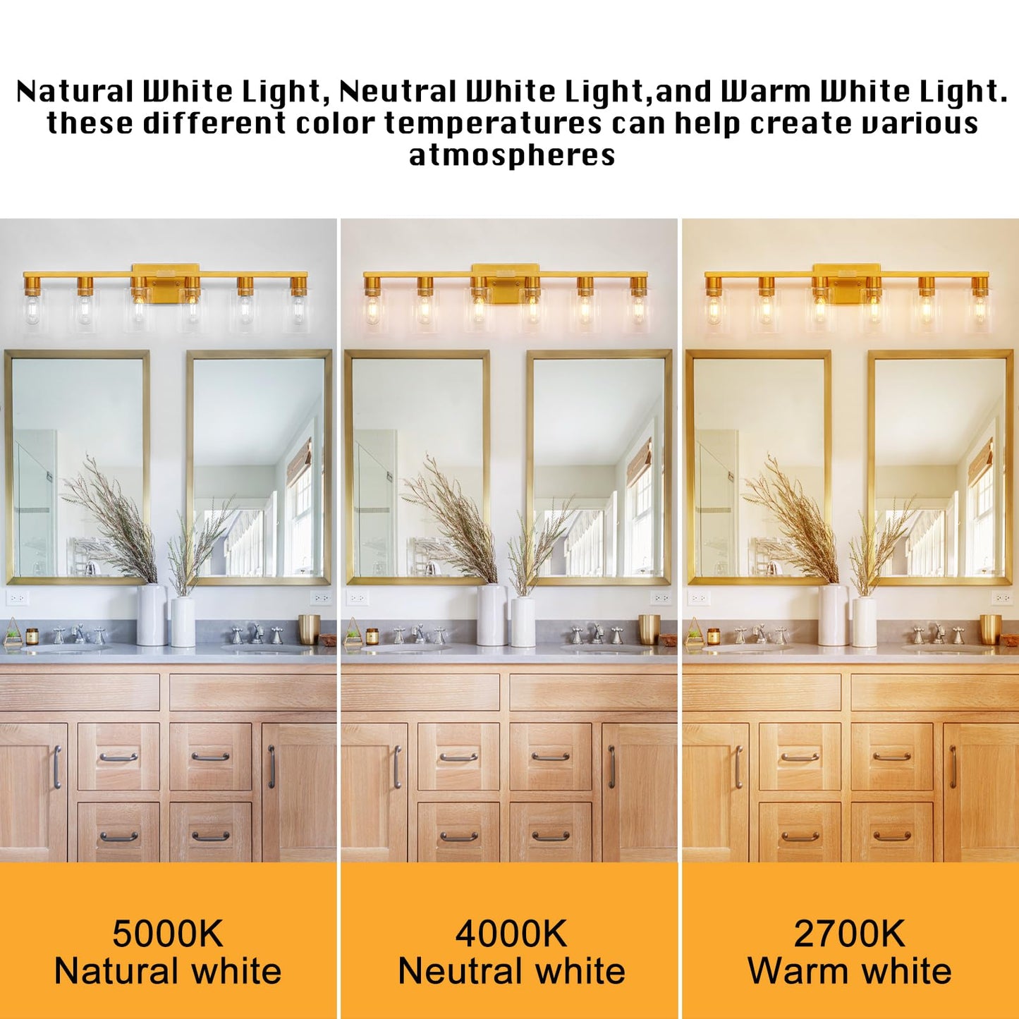 Hdasic 6 Light Bathroom Light Fixtures  Large Gold Bathroom Vanity Light With Clear Glass Shade  Brushed Brass Gold Bathroom Lighting Fixtures Over Mirror  Modern Wall Scones For Bedroom Living Room