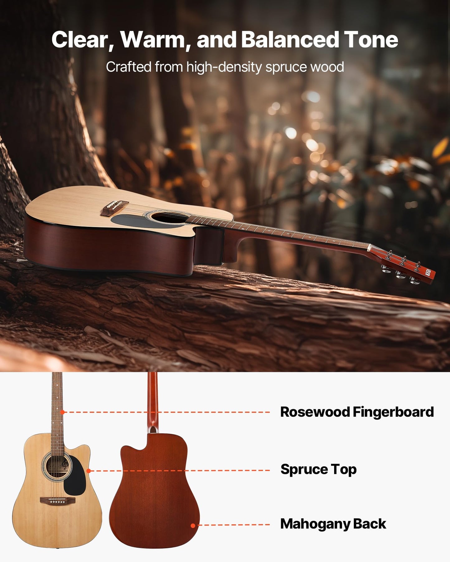 Vevor Cutway Acoustic Guitar, 41 In, 6-String, Natural Solid Spruce Top Guitar, Beginner Bundle With Gig Bag, Tuner, Strap, Stee