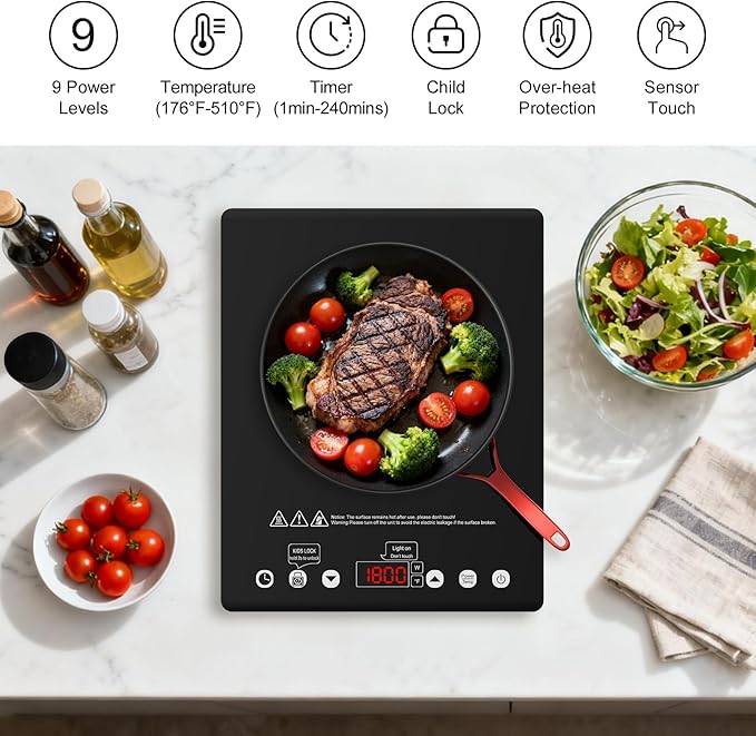 Single Burner Electric Cooktop, 110V-120V Electric Stove Infrared Hot Plate with Touch Control, Child Safety Lock, Timer, 9 Power Level, 1800W Plug in Induction Cooktop Burner for Cooking