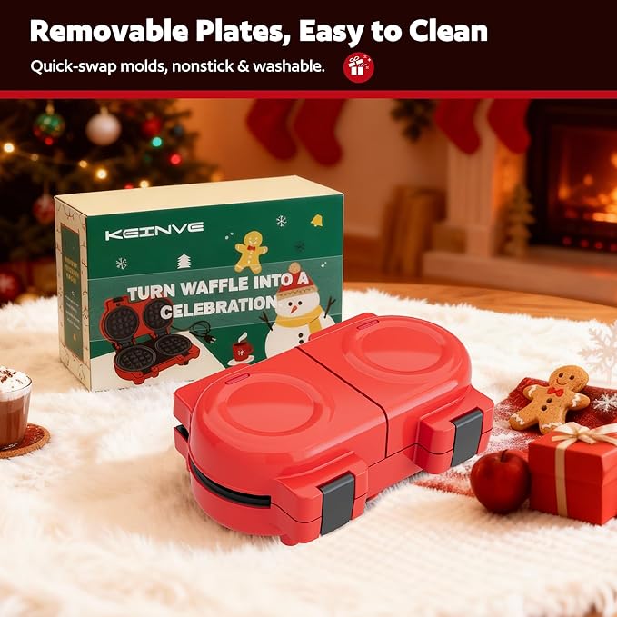 4" Waffle Maker with Removable Plates, 2-in-1 Nonstick Waffle Maker, Independent Dual Heating, Compact Design for Festive Family Breakfasts (228AK)