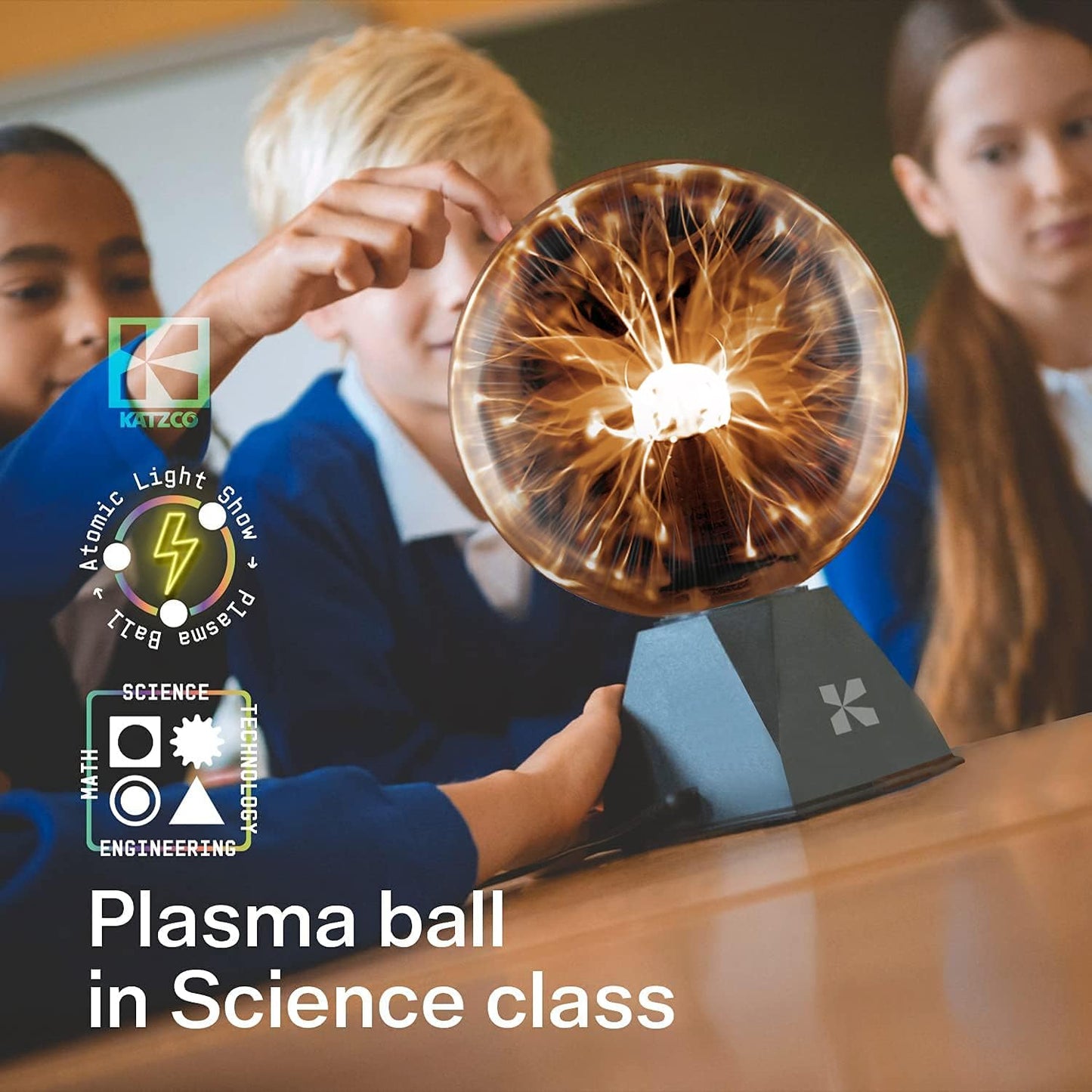 Katzco 7.5-Inch Orange Interactive Plasma Ball - Nebula Sphere, Thunder Lightning, Plug-in - Touch and Sound Sensitive Plasma Globe, STEM Science Toy for Parties, Decorations, Prop, Kids, and Gifts