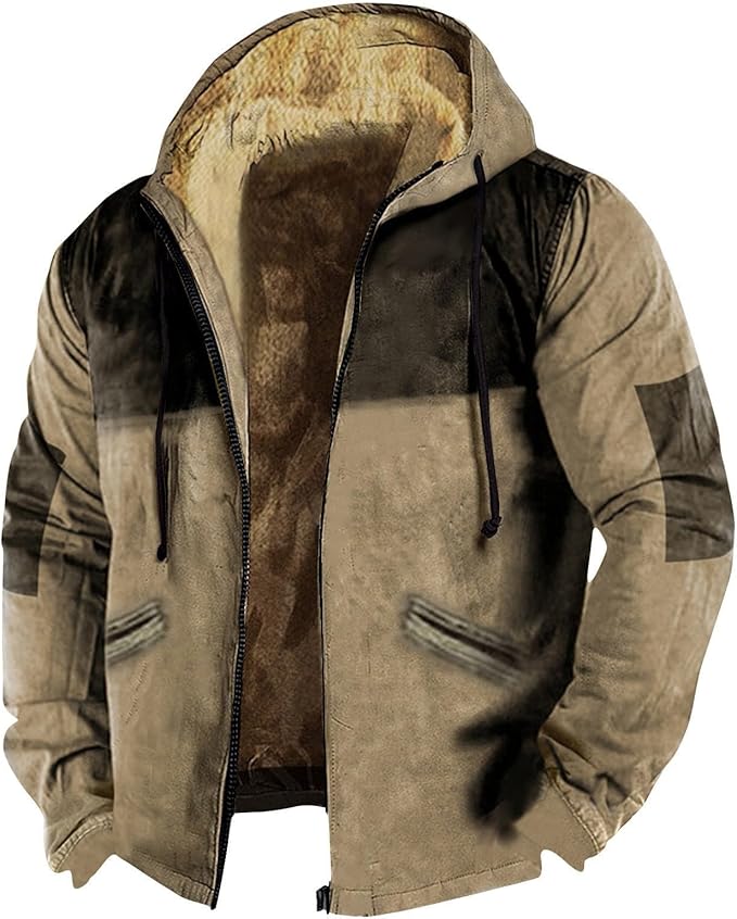 Mens Jacket Thick Sherpa Lined Color Block Western Hoodie Zip Up Fall Hooded Jacket Soft Fleece Coat Pocket Sweatshirt