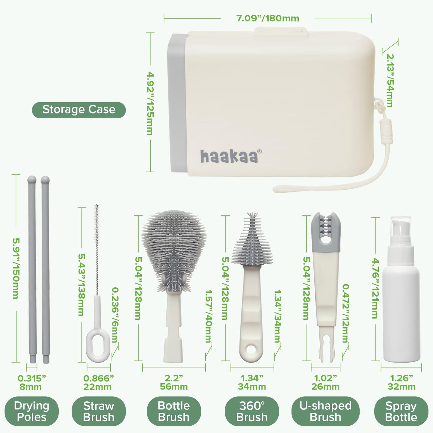 haakaa Travel Bottle Brush Set – 7-in-1 Baby Bottle Cleaner Kit with Bottle Brush, 360° Brush, Straw Brush, U-Shaped Brush, Spray Bottle&Drying Rack for Home and Travel