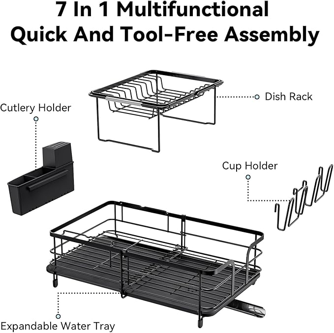 2 Tier Dish Drying Rack, Expandable Two Tier Dish Rack for Kitchen Counter, Extendable Over The Sink Dish Drainer, Large Multifunctional Dish Strainer with Removable Top Shelf for in Sink Use, Black