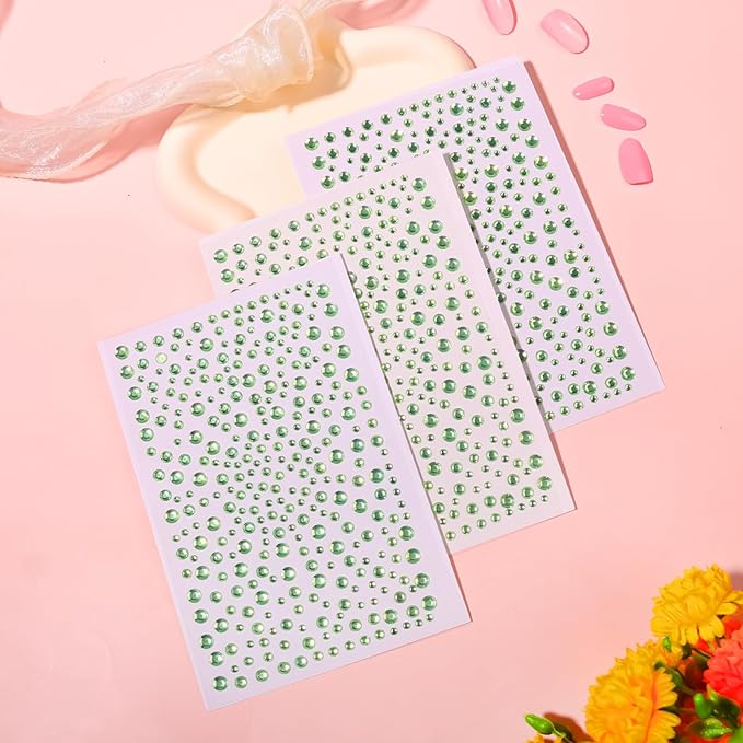 3Sheets Rhinestone Stickers for Crafts Clear Crystal Tweezers Decals Face Gems Pearls for Makeup Stick on Body 3/4/5/6MM Light Green Hair Nails Craft DIY Gems for Nails Makeup Decor 975PCS