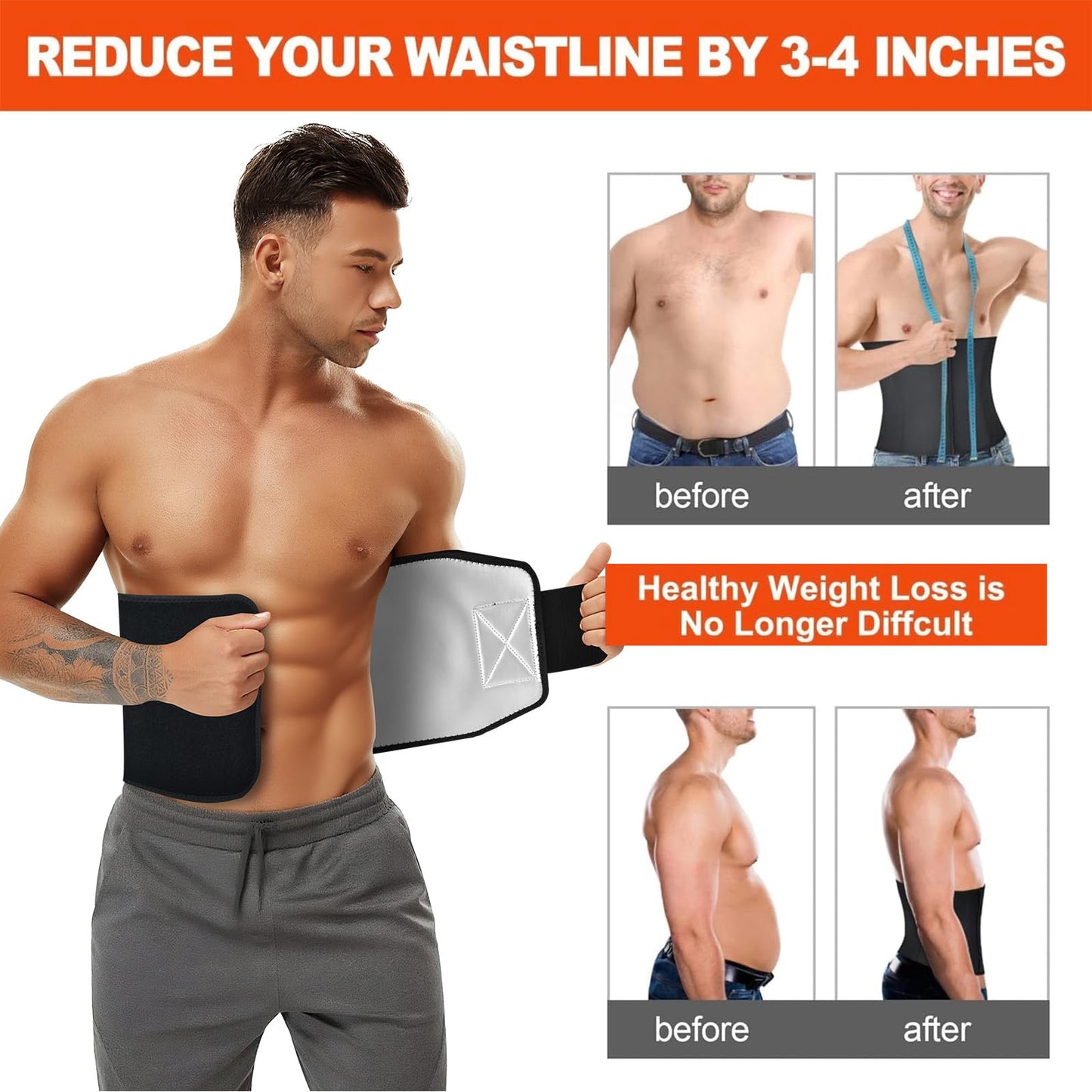 AMZBOSS Waist Trainer for Women & Men, Waist Sweat Band, Belly Band Sweat Belt, Stomach Wrap, Body Shaper Belt (Black/Silver, Large)