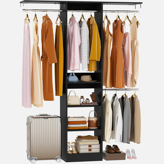 48" Small Closet Organizer, 4FT Small Closet System with 4 Closet Rods & 3 Shelves, 80"H Small Closet Organizers and Storage for Small Bedooms, Cloakrooms, Laundry Rooms, Black