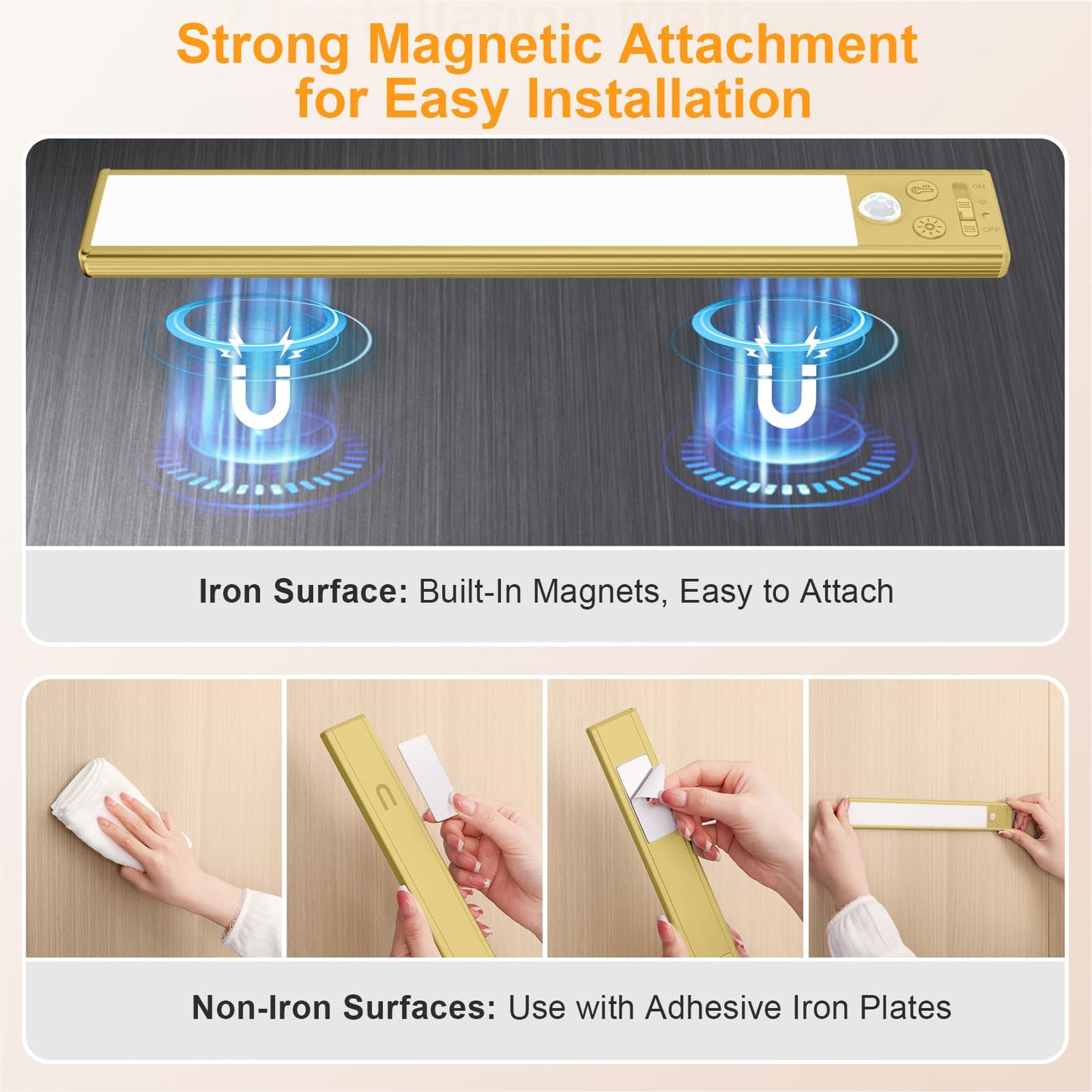 Gritin 10.2Inch Under Cabinet Lighting Rechargeable -84 Led Super Bright 3-Color& 5 Level Brightness 4 Modes Motion Sensor  Long Lasting- Easy Installation Magnetic Closet Lights -2 Pack-Gold