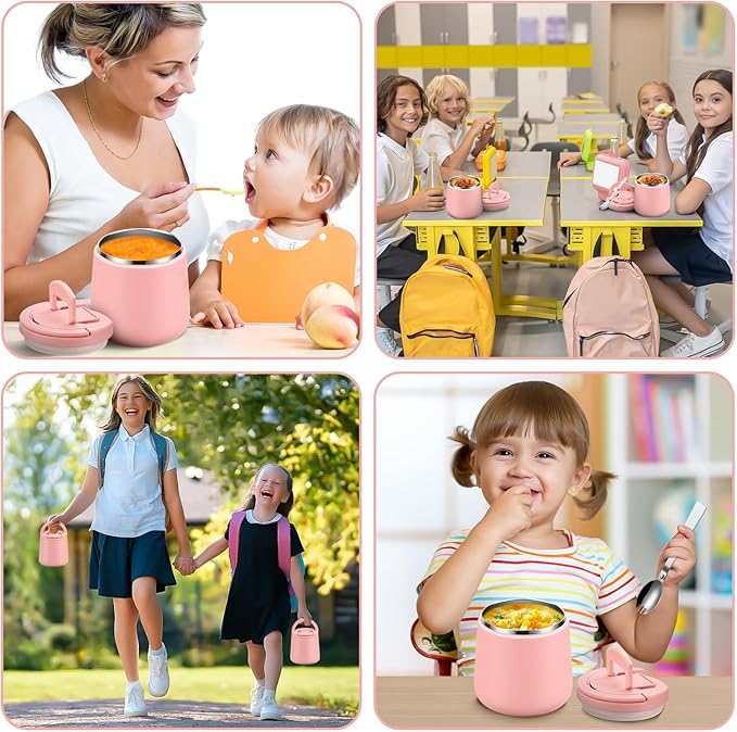 Kids Thermo for Hot Food 20oz Lunch Containers with Buckle Lid Wide Mouth Hot Food Jar Vacuum Insulated Stainless Steel Bento Box Leakproof with Spoon(Pink)