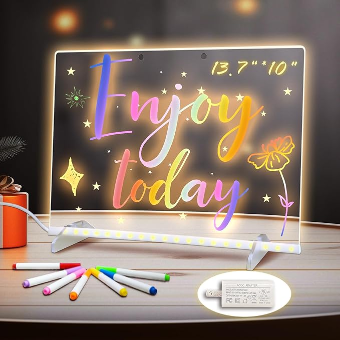 LED Note Board with Colors, 13.7"X10" 6 Modes & 8 Colors Acrylic Dry Erase Boards with Light, Include Adapter, Hanging Cha...