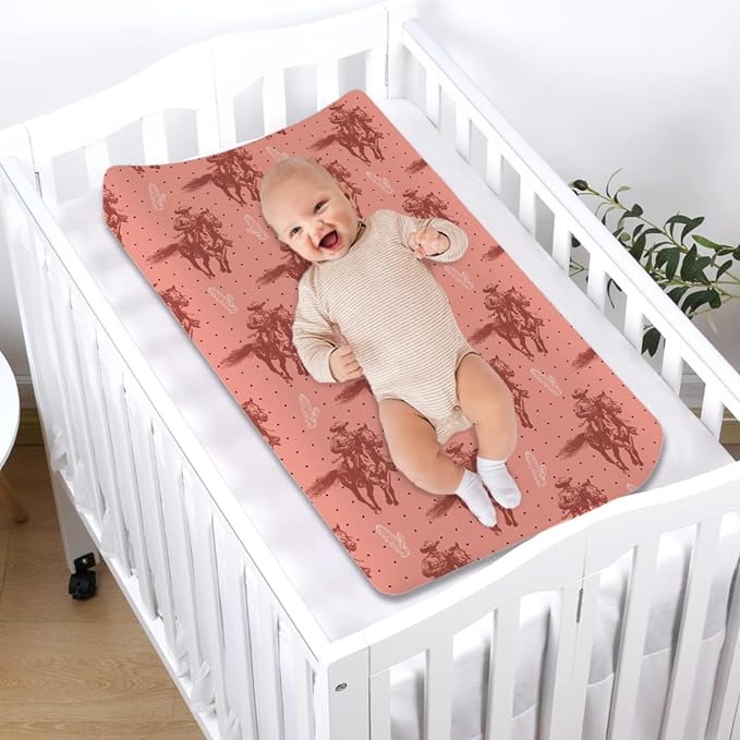 Pink Western Cowboy Cactus Baby Changing Pad Covers Vintage Cowboy Horse Changing Table Sheets for Boy Girl Retro West Plants Soft Breathable Stretch Diaper Change Table Pad Mats Covers 32''x16''