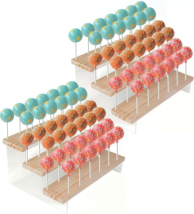 2 Pack Cake Pop Stand Holder - 3 Tier for 39 Cake Pops, Acrylic & Pine Wood Dessert Table Stand | Wedding Birthday Baby Shower Candy Buffet Cake Pop Display.